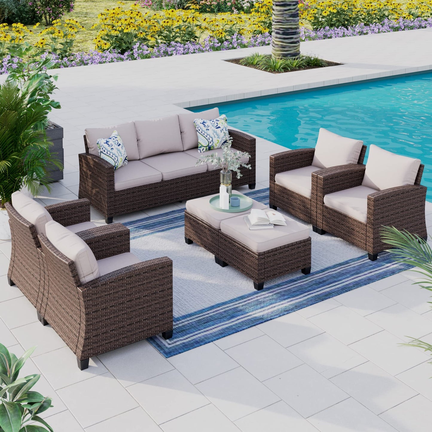 Outdoor Patio Furniture Set, Swivel Rocker Glide Chairs with 56" Fire Pit Table, Wicker Patio Sofa Conversation Set for Backyard Deck