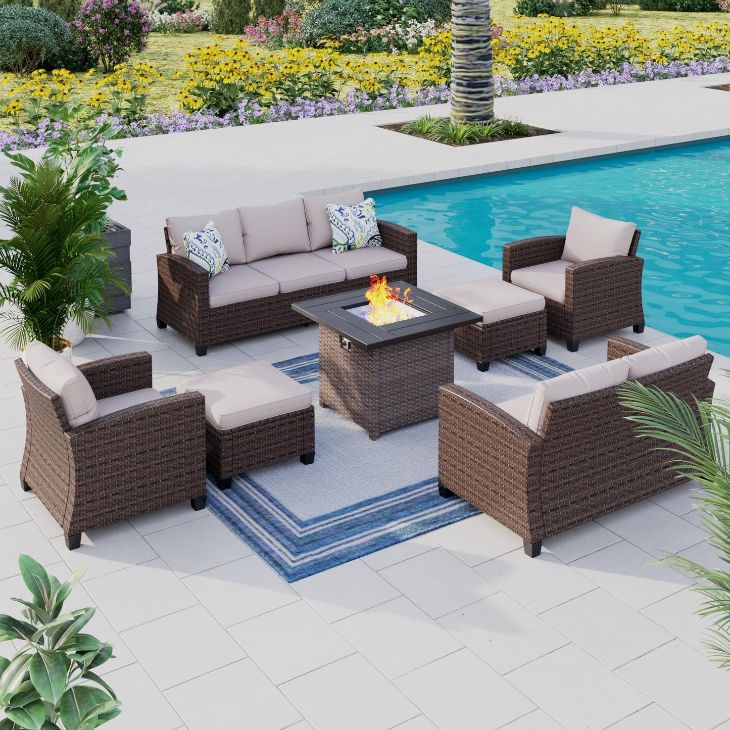 Outdoor Patio Furniture Set, Swivel Rocker Glide Chairs with 56" Fire Pit Table, Wicker Patio Sofa Conversation Set for Backyard Deck