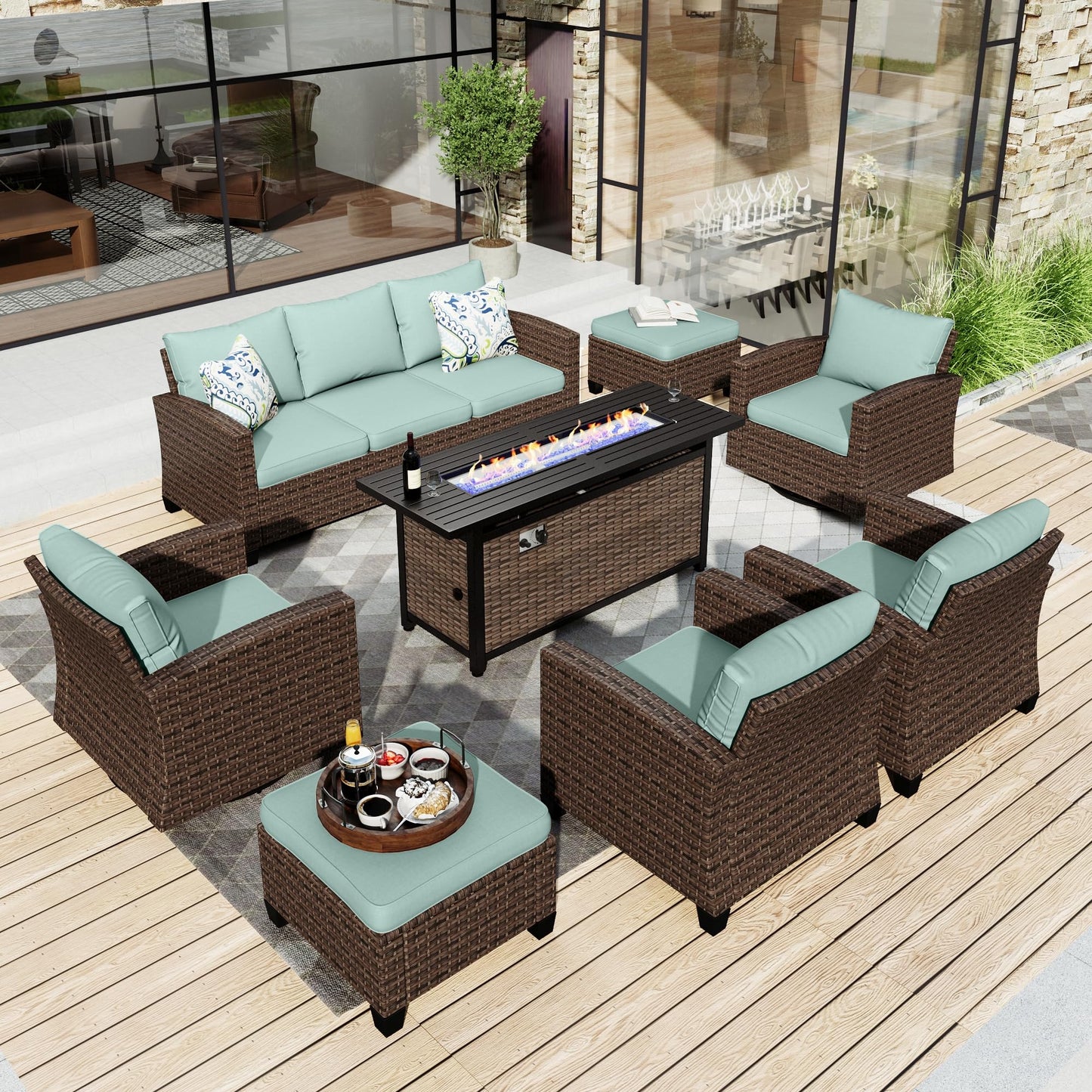 Outdoor Patio Furniture Set, Swivel Rocker Glide Chairs with 56" Fire Pit Table, Wicker Patio Sofa Conversation Set for Backyard Deck