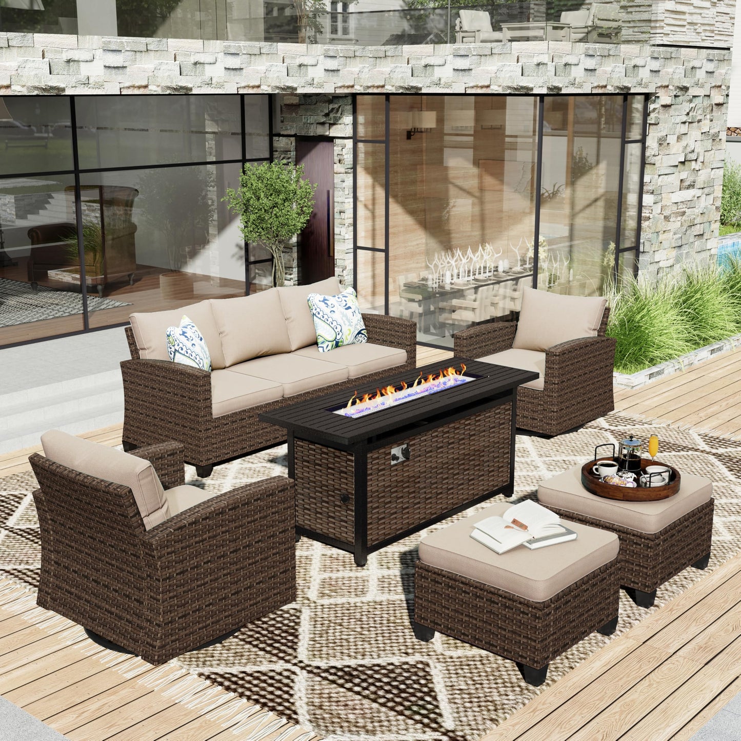 Outdoor Patio Furniture Set, Swivel Rocker Glide Chairs with 56" Fire Pit Table, Wicker Patio Sofa Conversation Set for Backyard Deck