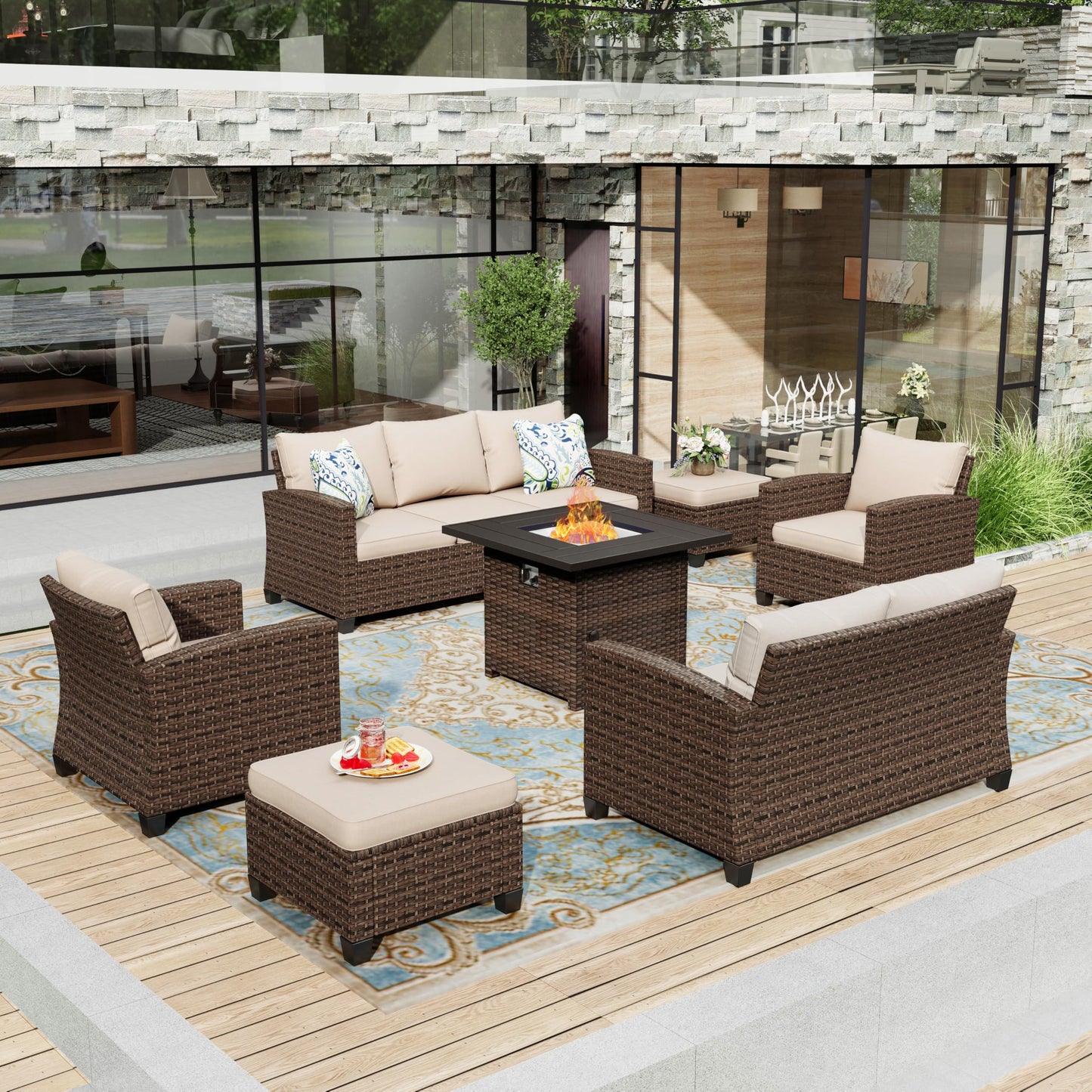 Outdoor Patio Furniture Set, Swivel Rocker Glide Chairs with 56" Fire Pit Table, Wicker Patio Sofa Conversation Set for Backyard Deck