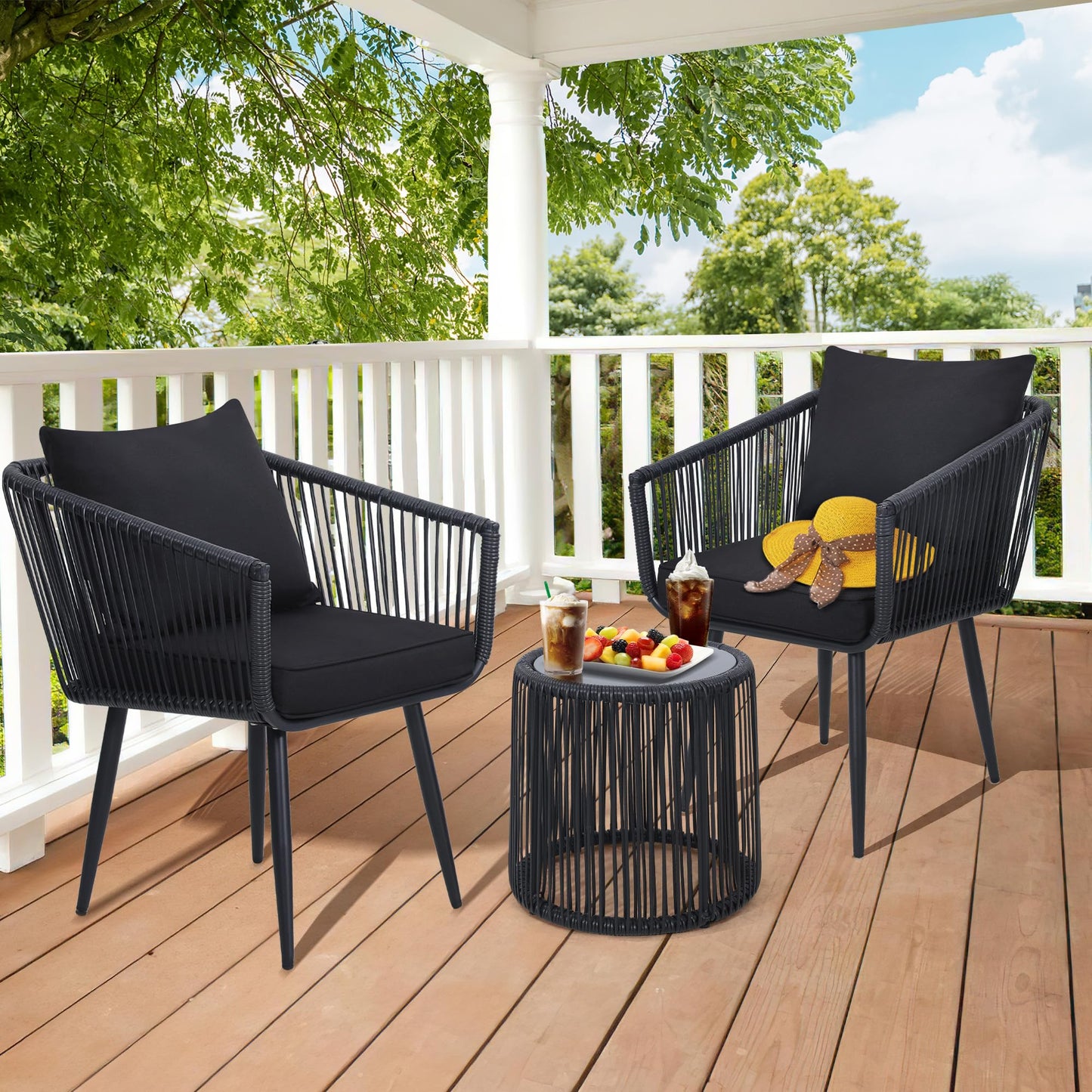 Kromax 3 Pieces Patio Rattan Bistro Conversation Set, Outdoor All-Weather Wicker Furniture Chairs and Side Table Set Ideal for Balcony, Porch and Backyard, Black