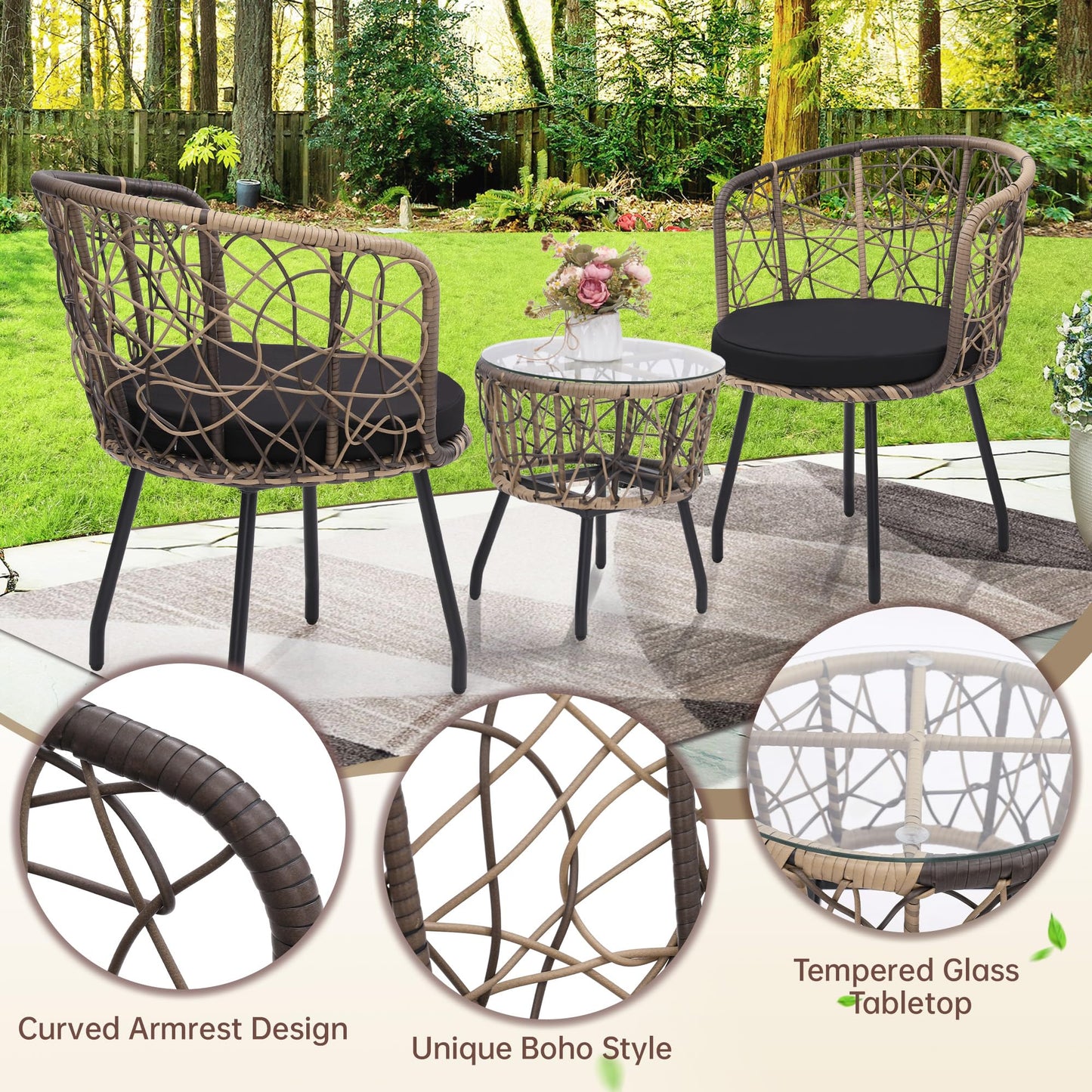 Kromax 3 Pieces Patio Rattan Bistro Conversation Set, Outdoor All-Weather Wicker Furniture Chairs and Side Table Set Ideal for Balcony, Porch and Backyard, Black