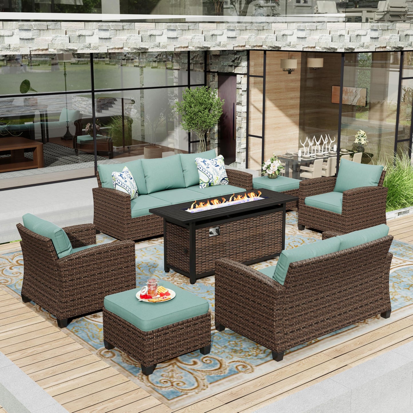 Outdoor Patio Furniture Set, Swivel Rocker Glide Chairs with 56" Fire Pit Table, Wicker Patio Sofa Conversation Set for Backyard Deck