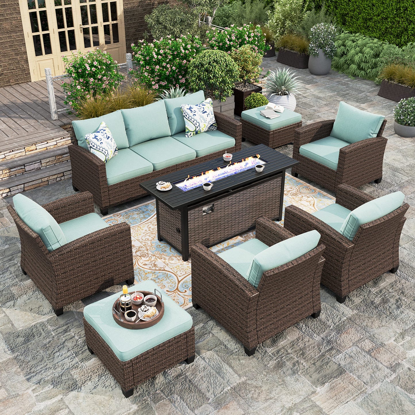 Outdoor Patio Furniture Set, Swivel Rocker Glide Chairs with 56" Fire Pit Table, Wicker Patio Sofa Conversation Set for Backyard Deck