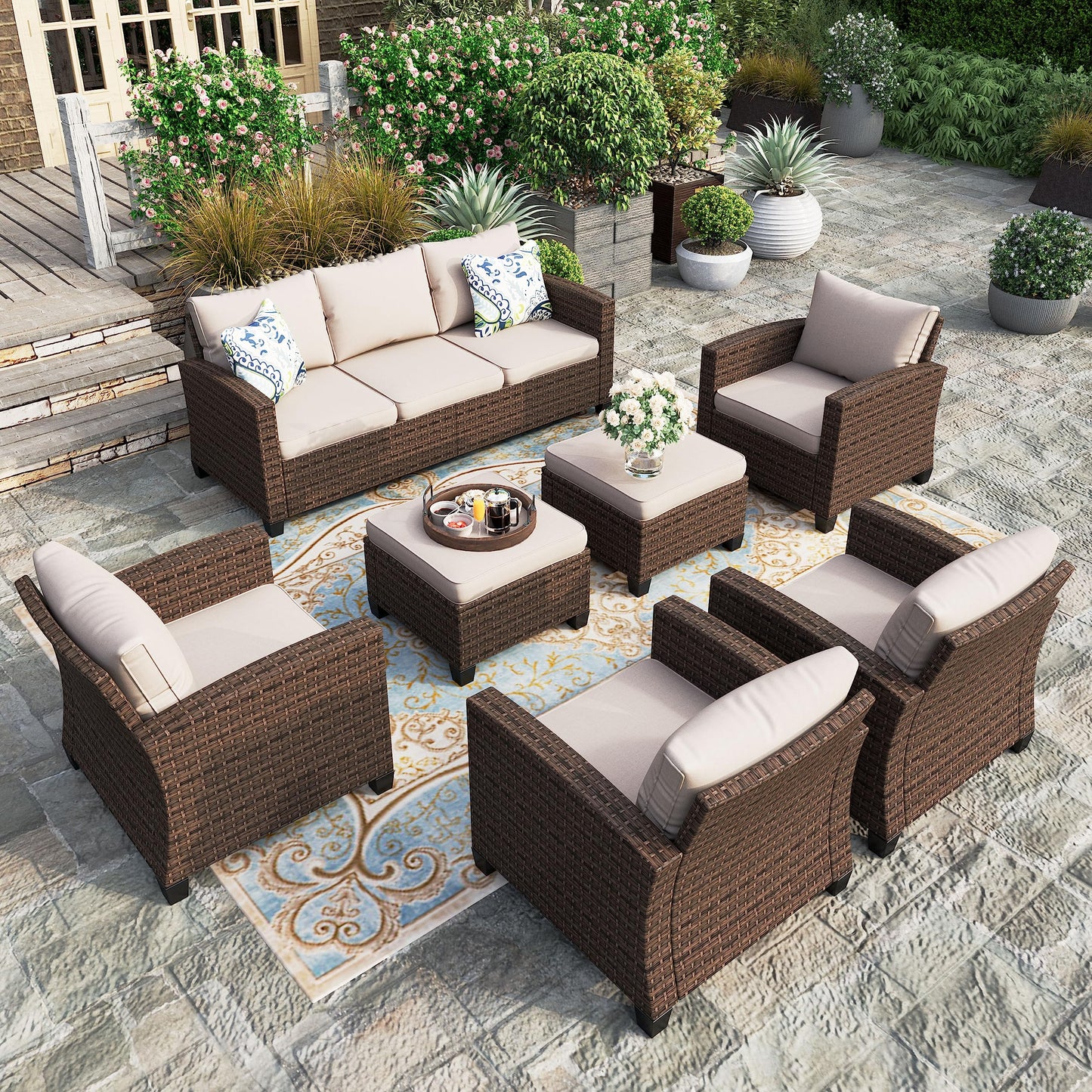 Outdoor Patio Furniture Set, Swivel Rocker Glide Chairs with 56" Fire Pit Table, Wicker Patio Sofa Conversation Set for Backyard Deck