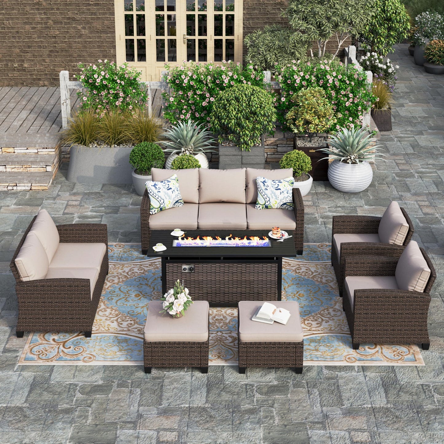 Outdoor Patio Furniture Set, Swivel Rocker Glide Chairs with 56" Fire Pit Table, Wicker Patio Sofa Conversation Set for Backyard Deck