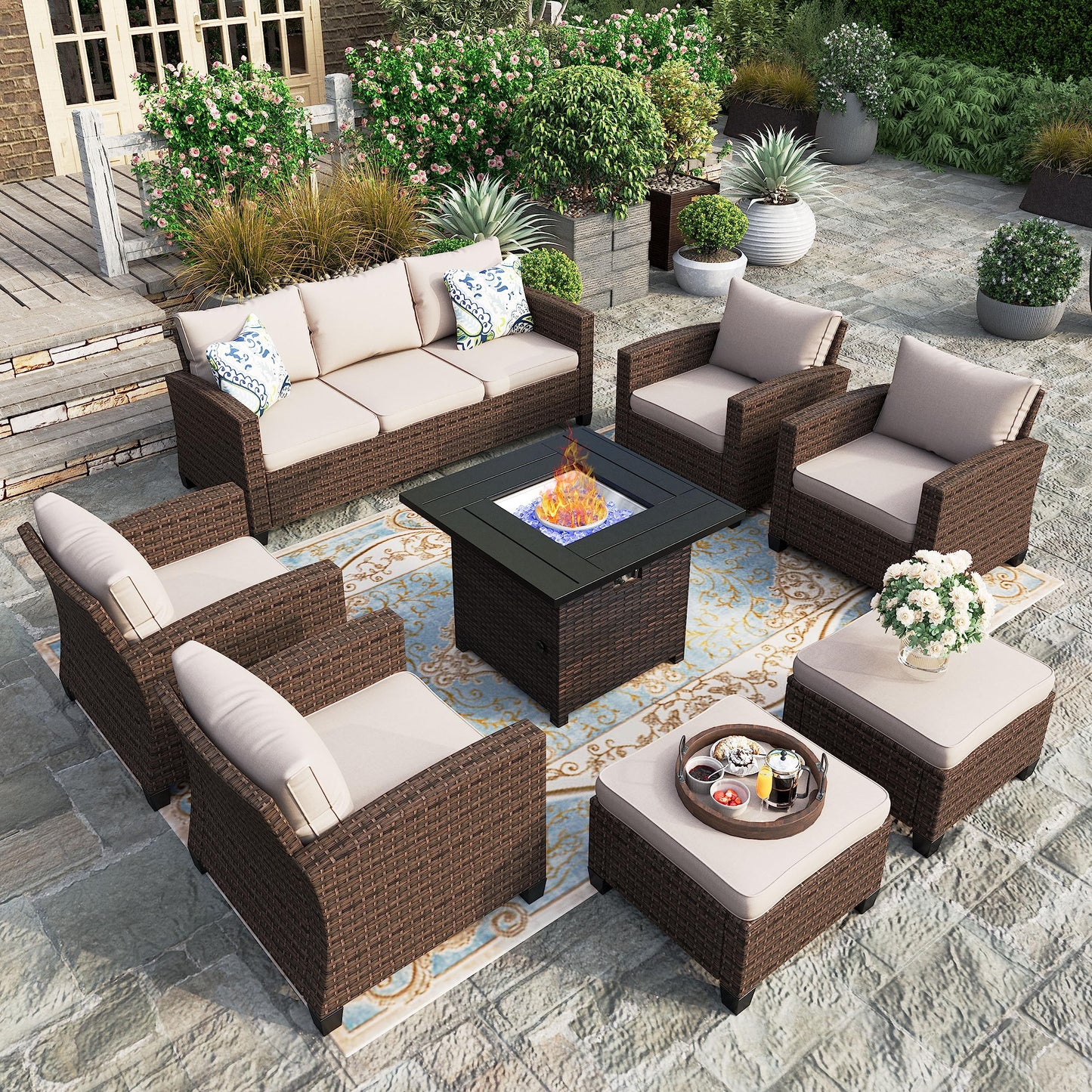 Outdoor Patio Furniture Set, Swivel Rocker Glide Chairs with 56" Fire Pit Table, Wicker Patio Sofa Conversation Set for Backyard Deck