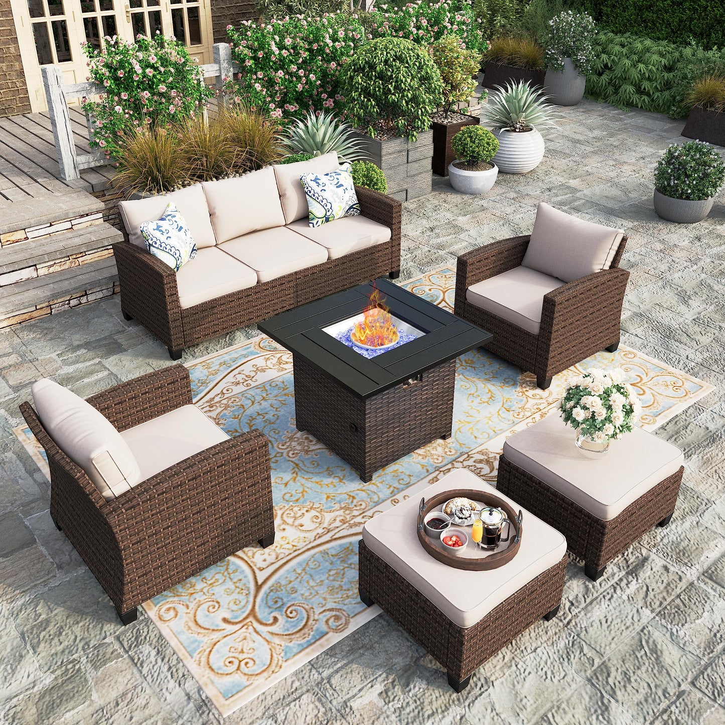 Outdoor Patio Furniture Set, Swivel Rocker Glide Chairs with 56" Fire Pit Table, Wicker Patio Sofa Conversation Set for Backyard Deck