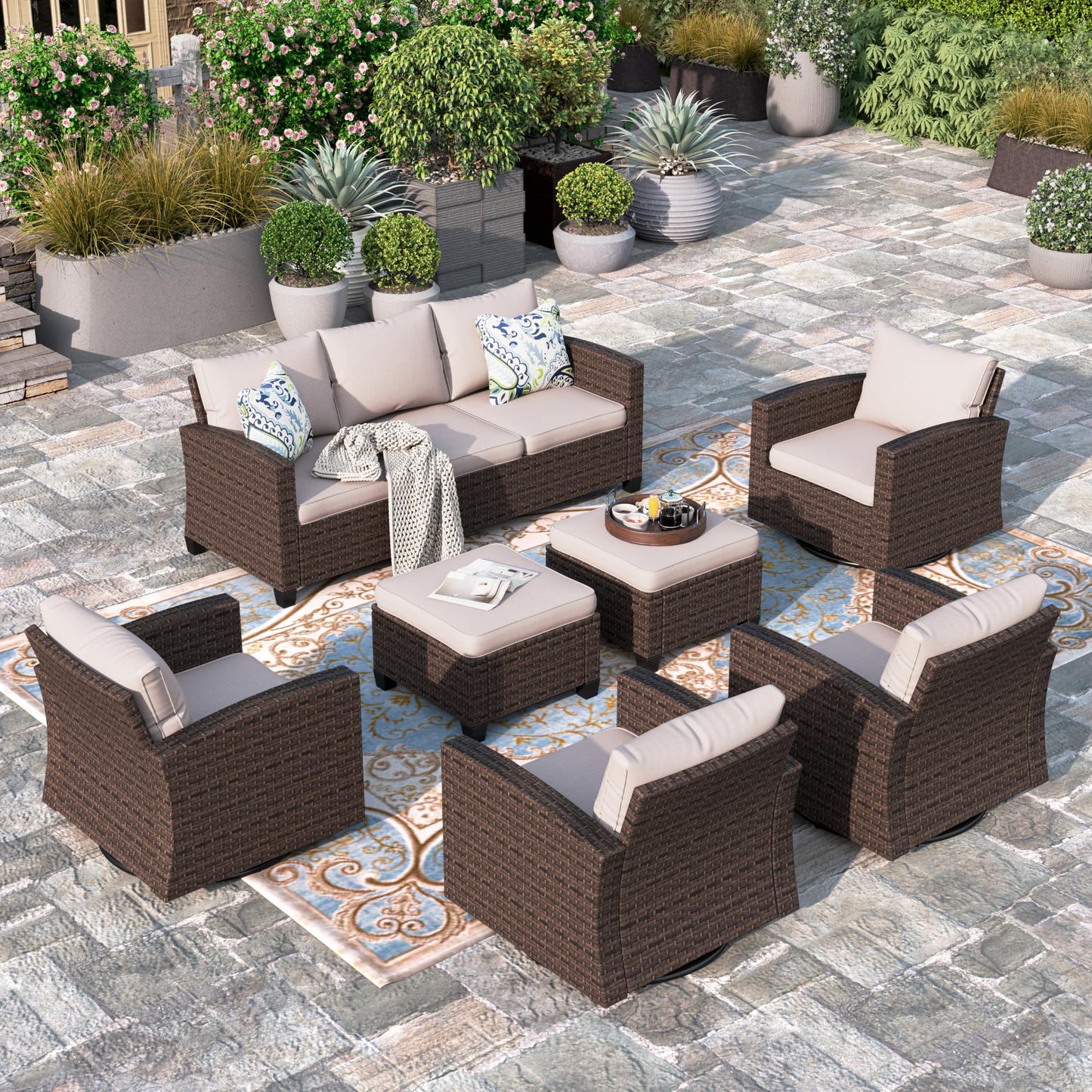 Outdoor Patio Furniture Set, Swivel Rocker Glide Chairs with 56" Fire Pit Table, Wicker Patio Sofa Conversation Set for Backyard Deck