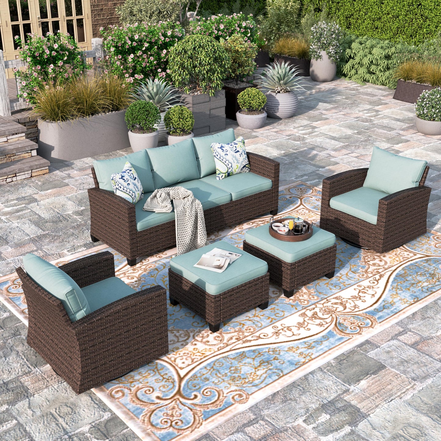 Outdoor Patio Furniture Set, Swivel Rocker Glide Chairs with 56" Fire Pit Table, Wicker Patio Sofa Conversation Set for Backyard Deck