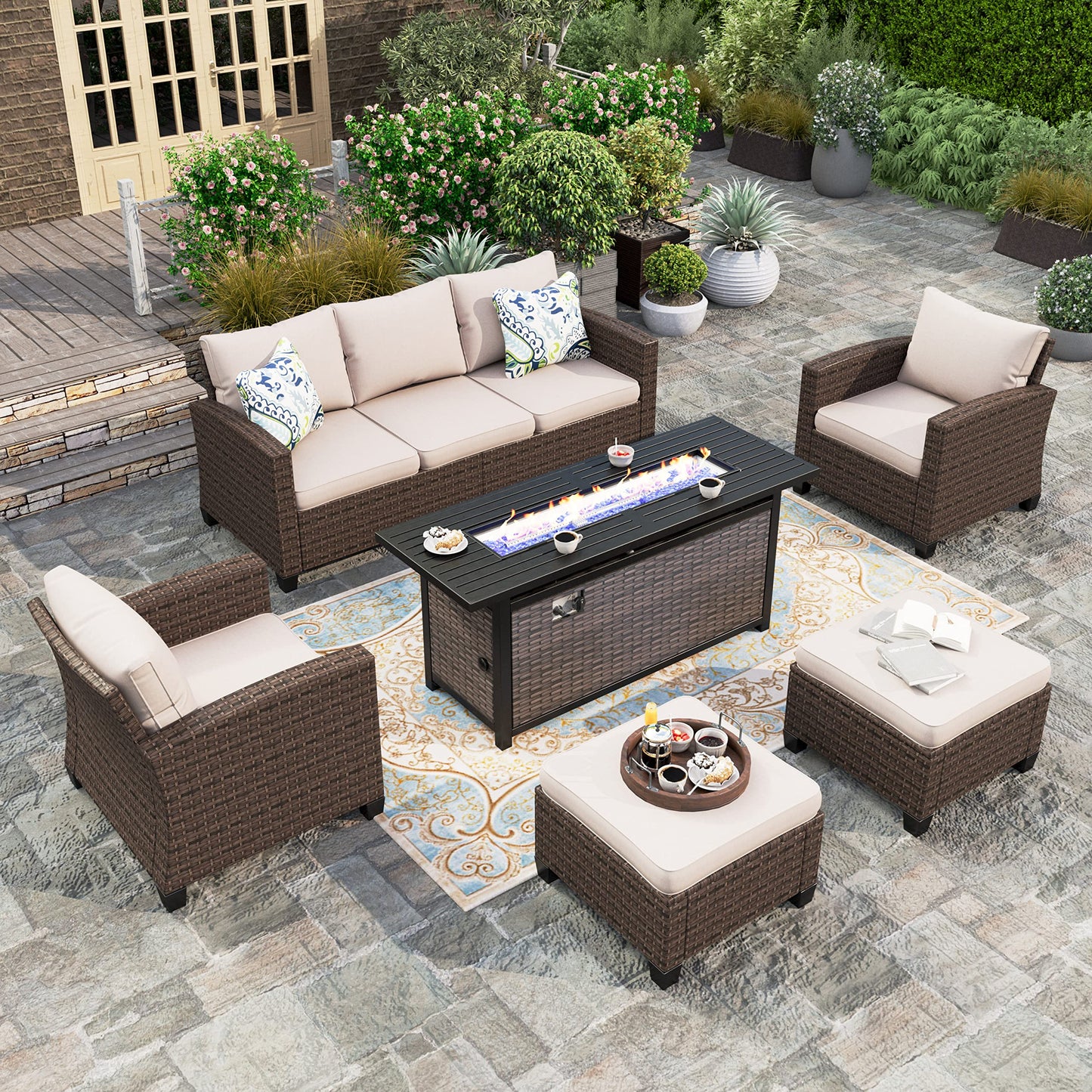 Outdoor Patio Furniture Set, Swivel Rocker Glide Chairs with 56" Fire Pit Table, Wicker Patio Sofa Conversation Set for Backyard Deck