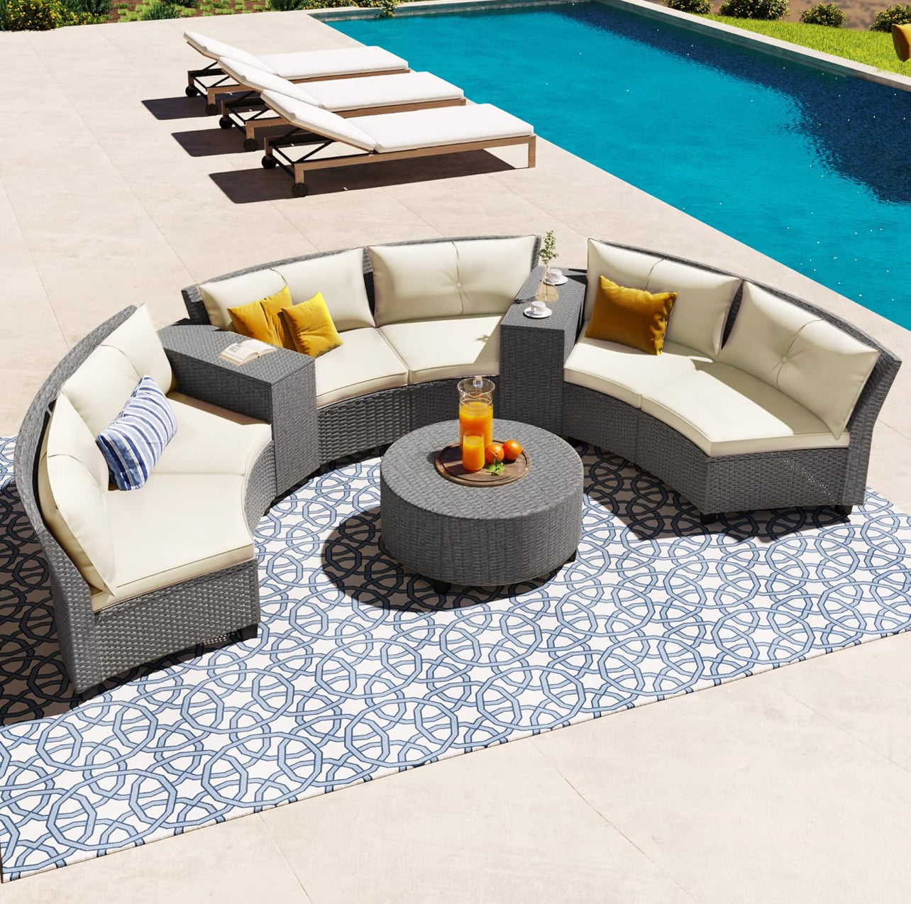 Half-Moon 9-Piece Outdoor Fan-shaped Sectional Sofa, Versatile Rattan Suit Combination with Cushions and Table, Unique Patio Curved Furniture Set for Backyard Porch Garden, Beige, 1