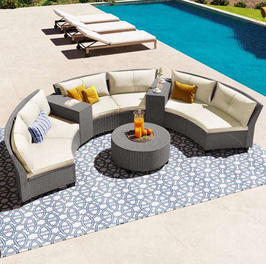 Half-Moon 9-Piece Outdoor Fan-shaped Sectional Sofa, Versatile Rattan Suit Combination with Cushions and Table, Unique Patio Curved Furniture Set for Backyard Porch Garden, Beige, 1