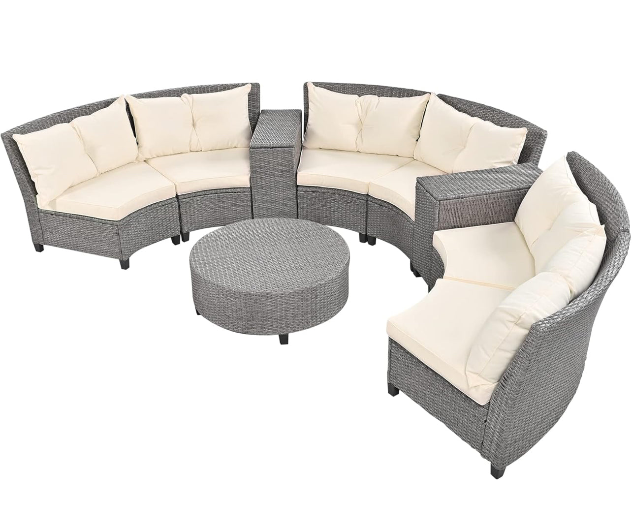 Half-Moon 9-Piece Outdoor Fan-shaped Sectional Sofa, Versatile Rattan Suit Combination with Cushions and Table, Unique Patio Curved Furniture Set for Backyard Porch Garden, Beige, 1