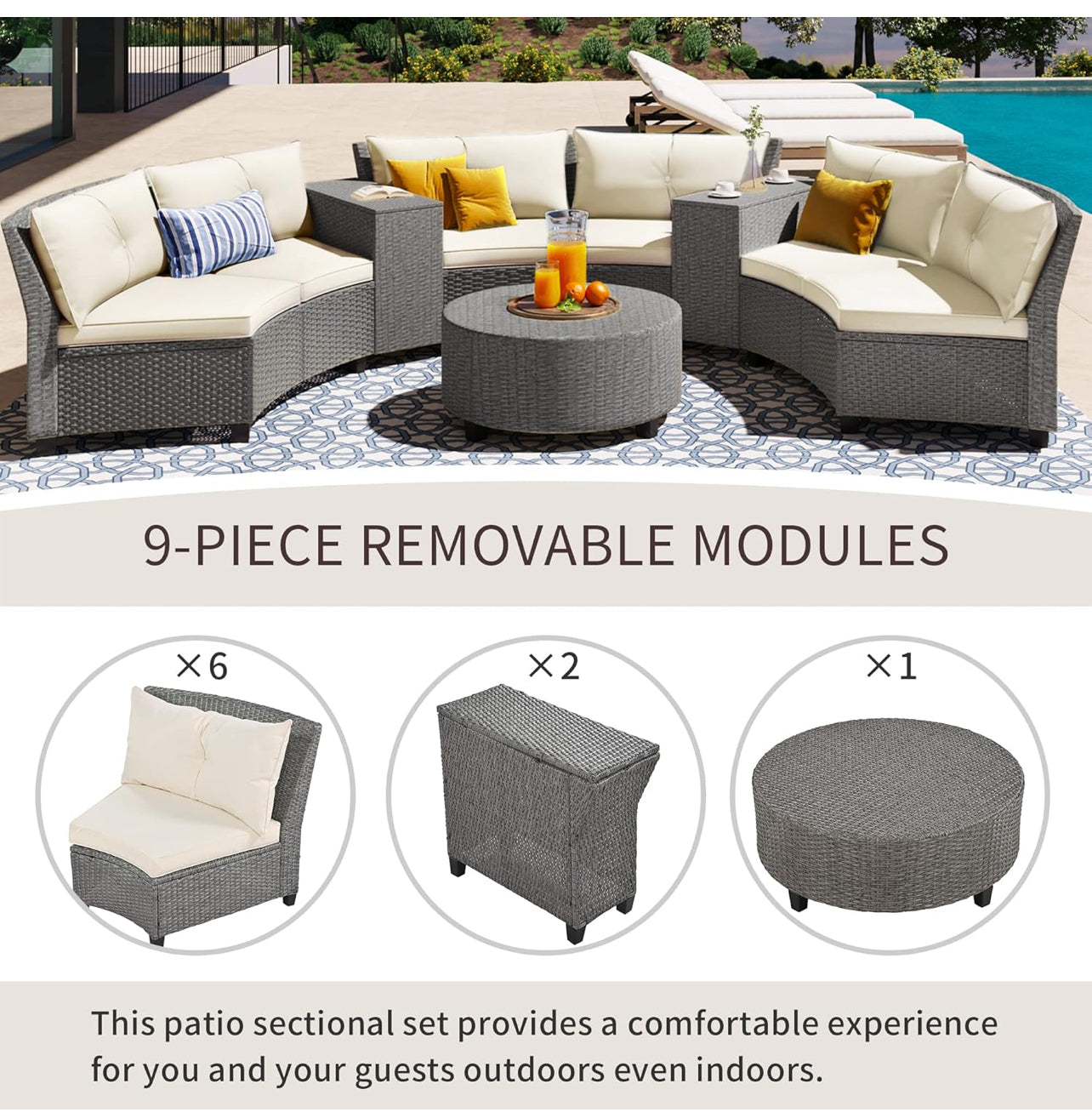 Half-Moon 9-Piece Outdoor Fan-shaped Sectional Sofa, Versatile Rattan Suit Combination with Cushions and Table, Unique Patio Curved Furniture Set for Backyard Porch Garden, Beige, 1